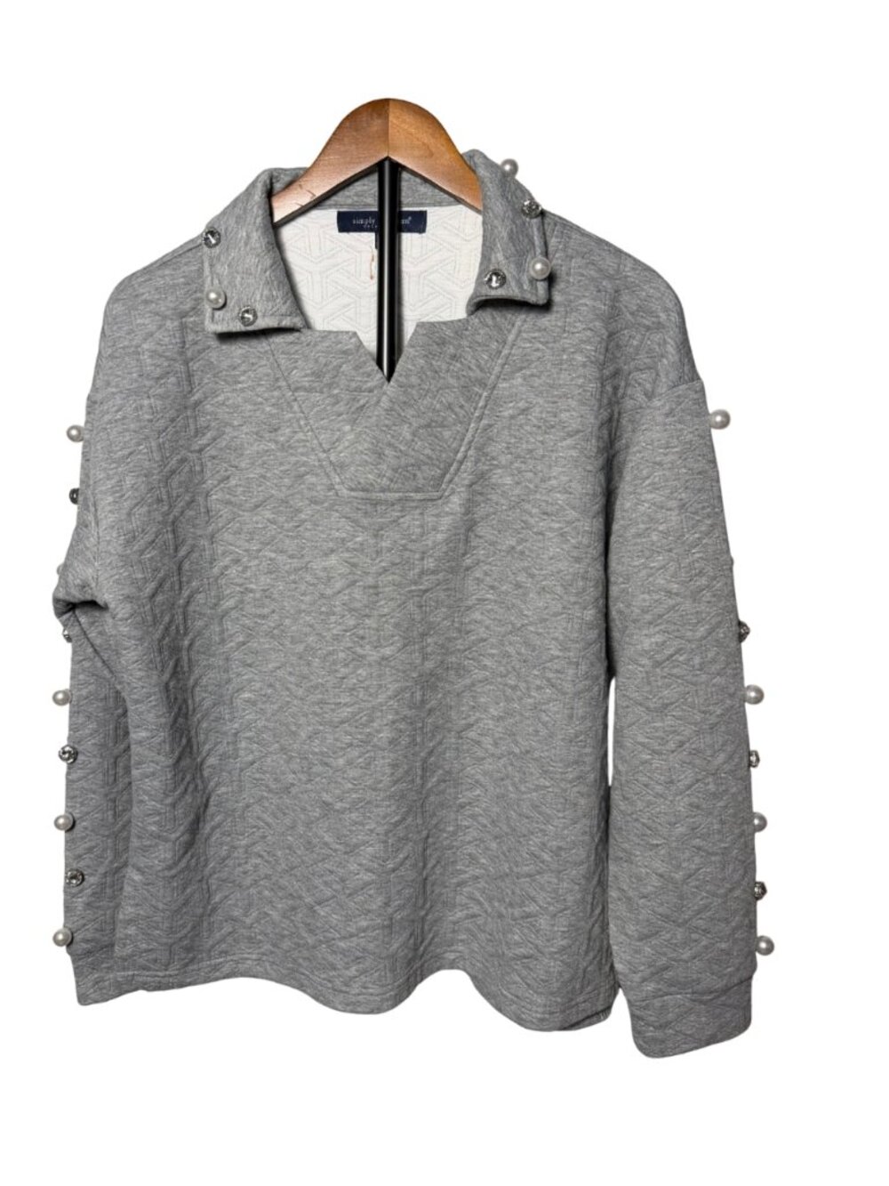Simply Southern Gray Pearl & Rhinestone Embellished Quilted Pullover Small